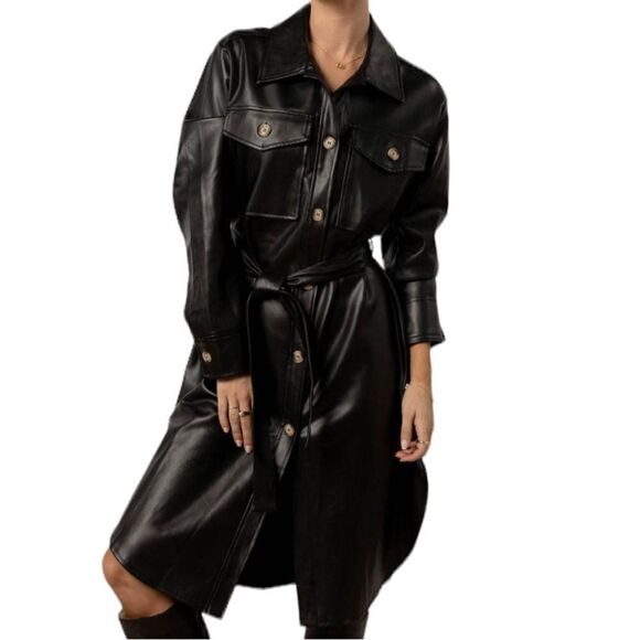 Bohme Black Vegan Leather Button Front Corpcore Goth Fall Midi Dress Jacket - Picture 4 of 13